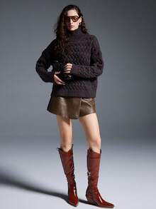MYSTAURA Sweater Wanita Kasual Warna Polos dengan Kerah Tegak, Musim Gugur/Dingin - Dark Grey - View 5