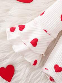 SHEIN Bộ 2 bộ đồ liền thân tay dài, cổ tròn, hở vai, in họa tiết trái tim, vải gân mùa hè cho bé gái và quần ống loe có gân dễ thương, thích hợp cho sinh nhật lần thứ 1, ngày lễ tình nhân - Đỏ - Xem 4