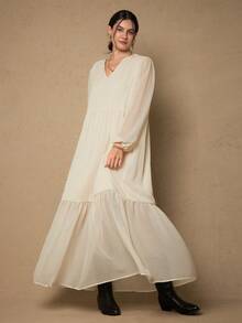 SHEIN VCAY Plus Size Elegant Solid Color Notched Neck Long Dress, Suitable For Commuting Chiffon Dresses For Women Layered Dress Cream Dresses For Women - Beige - View 2