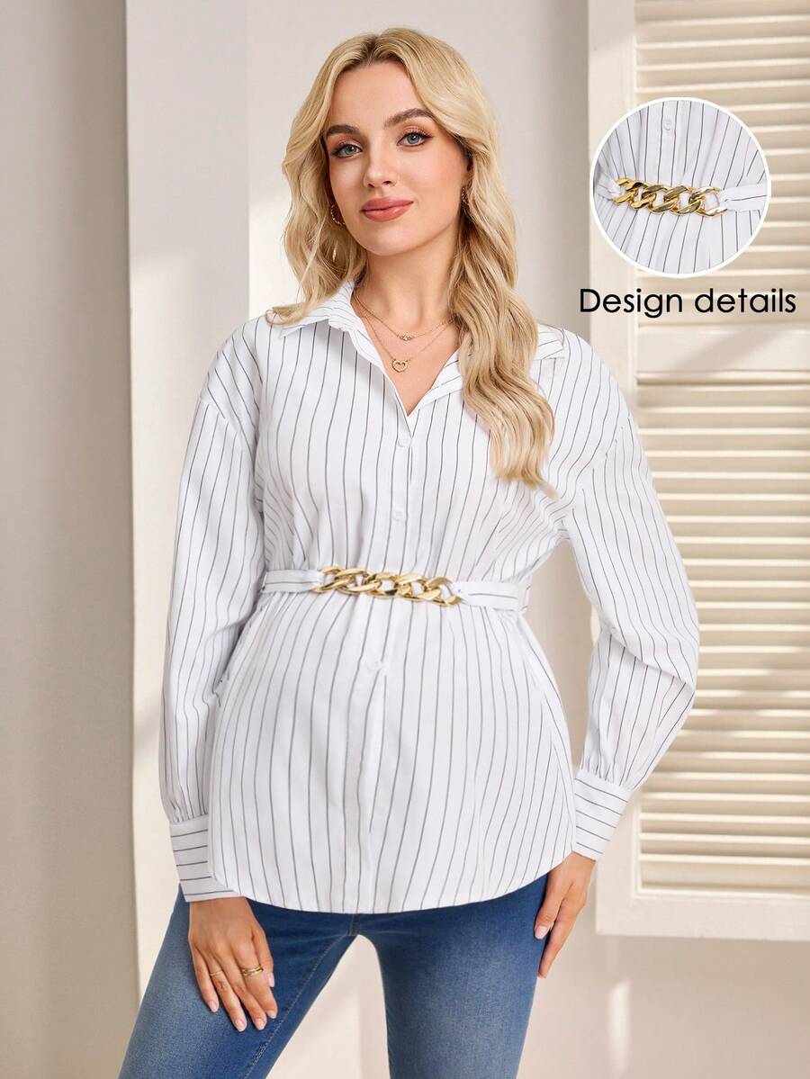 SHEIN 孕妇衬衫，长袖衬衫领，开襟纽扣，腰带，A字下摆衬衫 - 白色 - 查看 1