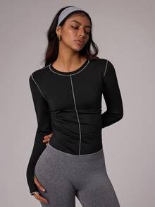 Dewbera Contrast Trim Round Neck Fitted Sporty Long Sleeve T-Shirt Women Active Top Curve Athletic Top Long Sleeve Sport Top Black Sport Top - Black - View 6