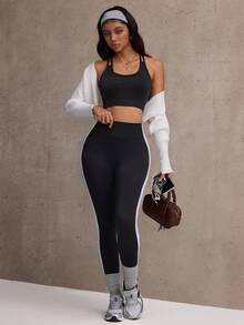 Dewbera Women's Solid Color Criss-Cross Back Cropped Tank Top And Side Stripe Leggings Sports Set - Multicolor - View 4