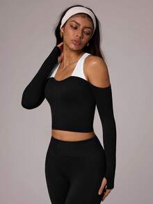 Dewbera 撞色镂空修身运动长袖T恤 - 黑色 - 查看 3