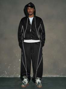 AXEPEAK Men's Contrast Trim Zip-Up Hoodie And Pocket Sweatpants Set - Black - View 6