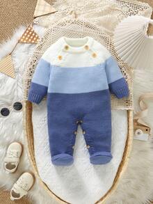 1件婴儿蓝色条纹针织连体衣，圆领长袖撞色新生儿休闲连体衣 - 藍色 - 查看 6