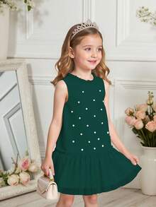 SHEIN Playful Pals Newly Launched! Young Girl Sleeveless Dress In A Stylish And Elegant Debutante Style. Features A Round Neck With Delicate Tulle Splicing, Hand - Sewn Beads, And A Tulle - Trimmed Hem. It Combines Comfort, Fashion, Exuding A Sweet And Cute Charm.