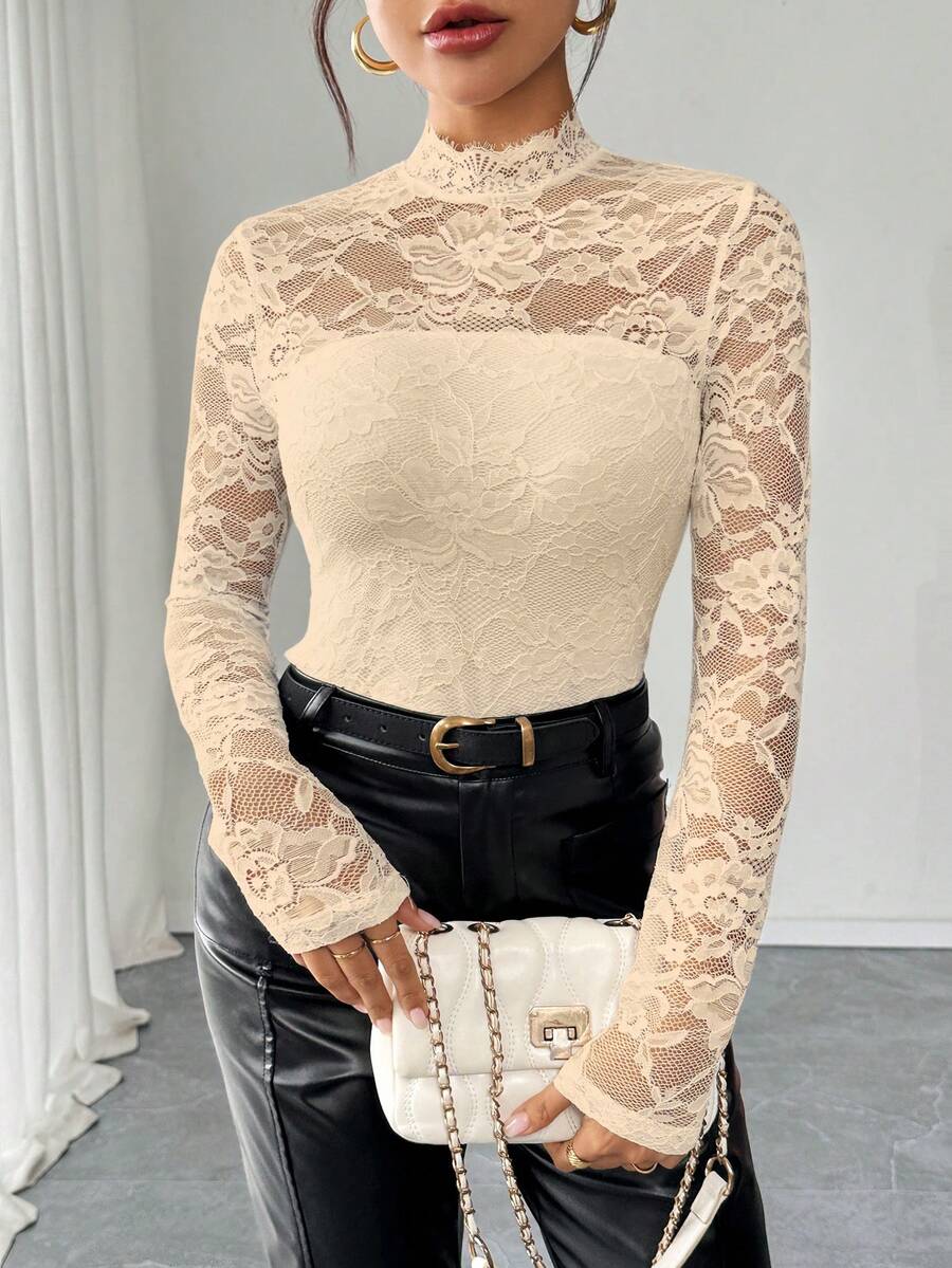 Selianne Women's Elegant Stand Collar Fitted Lace Long Sleeve T-Shirt - Apricot - View 1