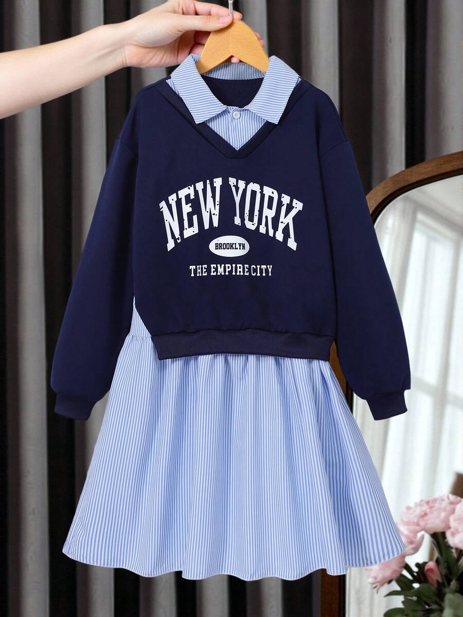 女童卫衣连衣裙，休闲甜美两件套，适合秋季日常穿着 - 藍色 - 查看 1