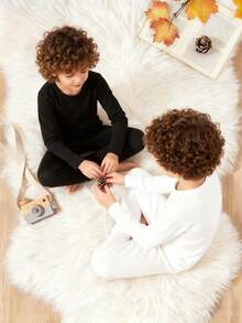 SHEIN Genkimix Kids 2pcs/Set Young BoyBlack & White Thermal Underwear Set, Long Sleeve Top And Long Pants - Multicolor - View 7