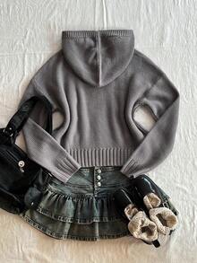 Elamini Women's Casual Daily Commute Simple Solid Color Cable Knit Hooded Sweater, Autumn/Winter