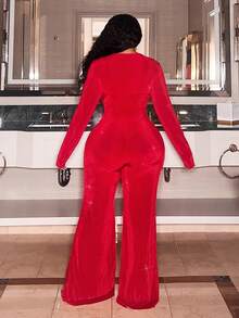 Slaydiva 秋冬新款优雅性感派对、聚会、约会、闺蜜派对、生日派对、街头嘉年华、晚宴、婚礼季、毕业季爆款性感紧身纯红色深V领长袖装饰纽扣开衩下摆喇叭裤高弹针织面料大码连体裤，情人节特惠 - 紅色 - 查看 2