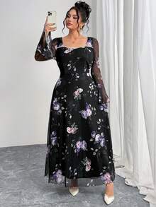 Modelyn 大码女式碎花甜心领喇叭袖优雅连衣裙 - 黑色 - 查看 3