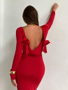 Aloruh Women's Elegant Red Autumn Party Maxi Dress,Christmas Round Neck Backless Bow Decor Fitted Waist Long Sleeve Date Night New Year Birthday Dresses - Red - View 7