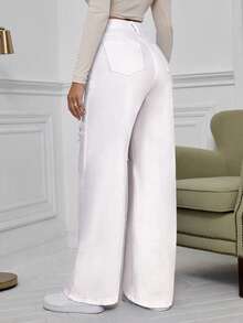 SHEIN ICON Washed Denim Blue High Waist Ripped Wide Leg Jeans - White - View 2