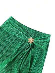SHEIN Clasi Plus Size Women's Minimalist Fashion Green Pleated Gold Decor Button Long Pants - Green - View 2