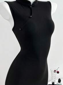 Elamini Women's Sexy And Elegant Black Sleeveless Mini Dress, Contrast Lace Open Back Cheongsam Collar, Elegant Outfit For Autumn/Winter, Versatile For Party Occasions. Suitable For Christmas Parties, New Year's Eve Parties And Valentine's Day.