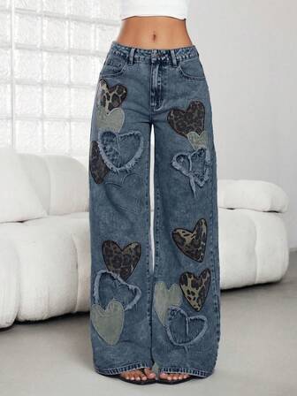 Jeanoix Low-Waist Jeans For Women, New Fashion Niche Heart Embroidery & Print Straight Loose Casual Pants, All Season