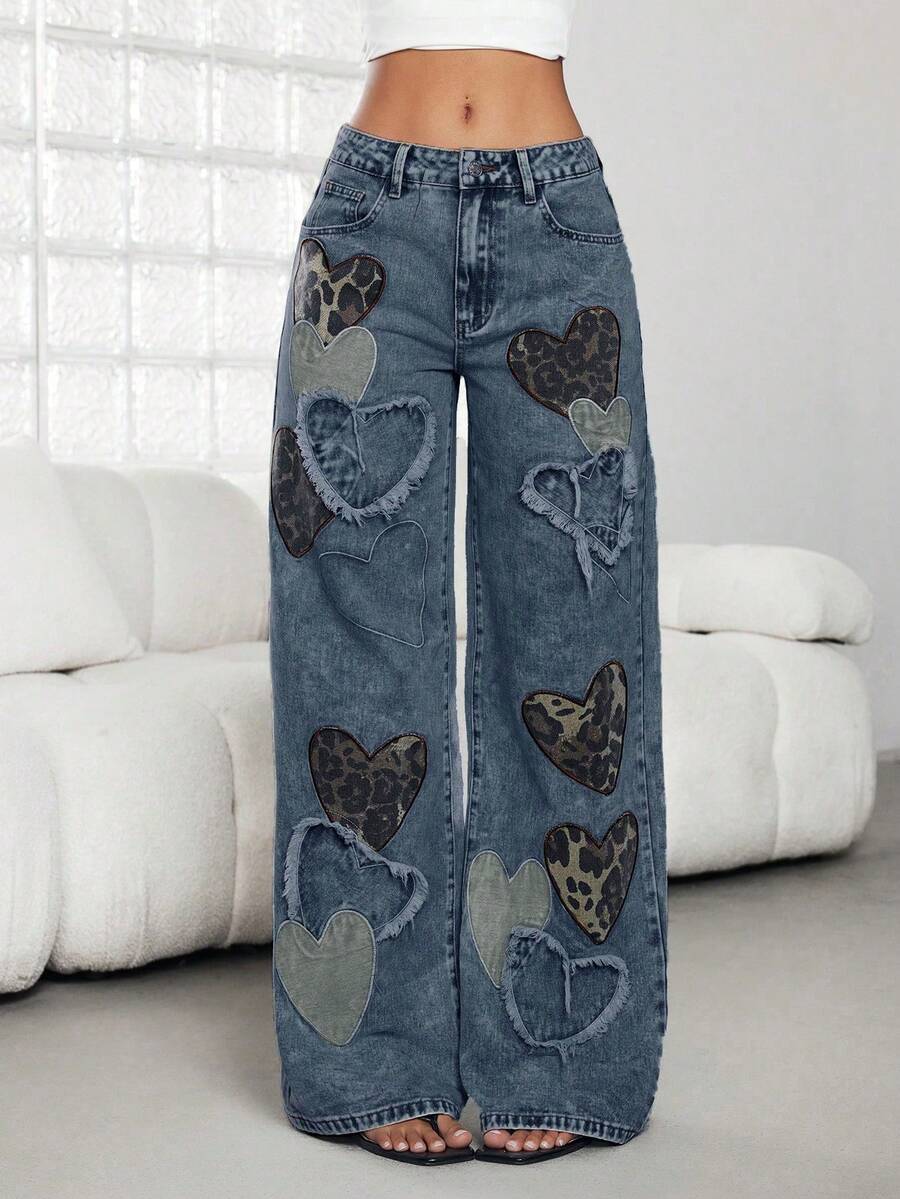 Jeanoix 女士低腰牛仔裤，新款时尚小众心形刺绣印花直筒宽松休闲裤，四季皆宜 - 深色水洗藍 - 查看 1