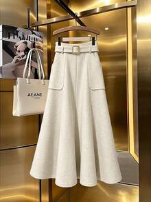 SHEIN Franclia Women's Elegant Commuter Solid Color A-Line Skirt With Large Pockets, Autumn - Beige - View 1