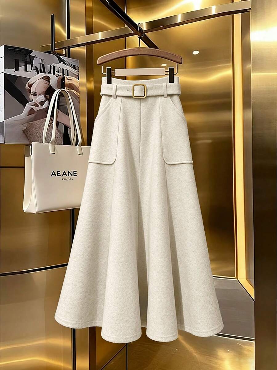 SHEIN Franclia Women's Elegant Commuter Solid Color A-Line Skirt With Large Pockets, Autumn - Beige - View 1