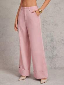 L'Amorae 女士细条纹袖口商务休闲裤 Old Money - 卡其色 - 查看 2