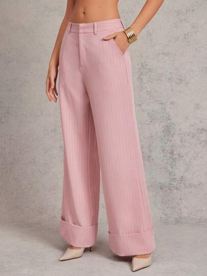 L'Amorae 女士细条纹袖口商务休闲裤 Old Money