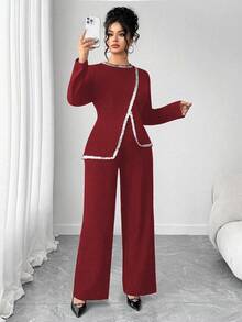 Elenzga Áo hai mảnh cổ tròn tay raglan dệt vải sequin cỡ lớn dành cho nữ kết hợp với quần ống đứng ôm, bộ đồ hai mảnh thanh lịch, tinh tế để mặc hàng ngày và dự tiệc - Đỏ - Xem 6