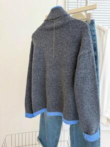 Franclia 女士休闲宽松高领长袖撞色滚边灰色套头毛衣，秋冬季 - 深灰色 - 查看 2