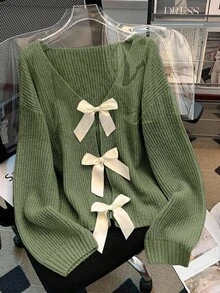 Franclia 休闲蝴蝶结装饰落肩毛衣，秋冬款 - 軍綠色 - 查看 5