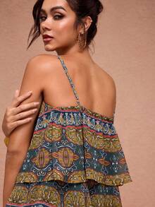 JIAN LASALA All-Over Printed Chiffon Layered Front Tie Women Boho Maxi Dress Vacation Holiday Wear Long Dress Summer Tiered Maxi Dress Boho Maxi Dress Women Long Boho Dress Beach Wedding Guest - Multicolor - View 3