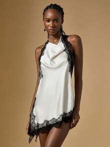 Briarwyn White Elegant Satin Lace Trim Backless Mini Dress For Women, Halter Neck Party Evening Dress - White - View 7