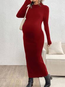SHEIN Vestido largo ajustado, grueso y cálido deunicoloro con cuello mao, manga raglán y larga para maternidad - Rojo - Ver 5