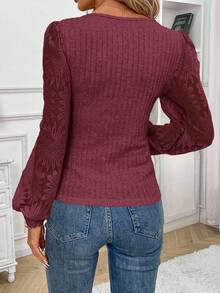 SHEIN Frenchy Women's Casual Vacation Sweetheart Neck Patchwork Sheer Floral Lace Lantern Sleeve Ruched Bust Fitted Blouse, Spring/Summer/Autumn Long Sleeve Top Burgundy Top Holiday Resort - Red Violet - View 2