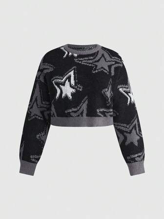 Grunge Punk Pull ample à manches longues, coupe courte, motif étoile vintage polyvalent, taille grande