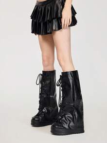 ROMWE Kawaii 1 Pair Of Punk Style Leather Socks, Niche Design Drawstring Strap Boot Cover, Four Seasons Locomotive Style Socks, Personalized Street Style Leg Cover - Black - View 5