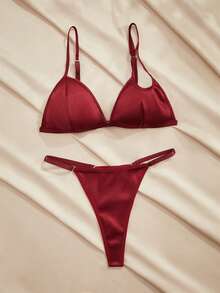 Charlaine Bộ đồ lót nữ 2 chiếc cài trước nâng ngực không dây cúp tam giác bất đối xứng cắt xẻ bất đối xứng satin màu đỏ tía gợi cảm lãng mạn thoải mái thanh lịch thường ngày - Màu Đỏ Sâu - Xem 8