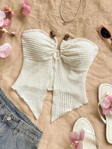 Soleia Nueva blusa casual para vacaciones, boda en la playa, invitados de boda, graduación o brunch, elegante y bohemia con estampado tropical, escote tubo, espalda descubierta, bajo asimétrico y decoración metálica - Albaricoque - Ver 5