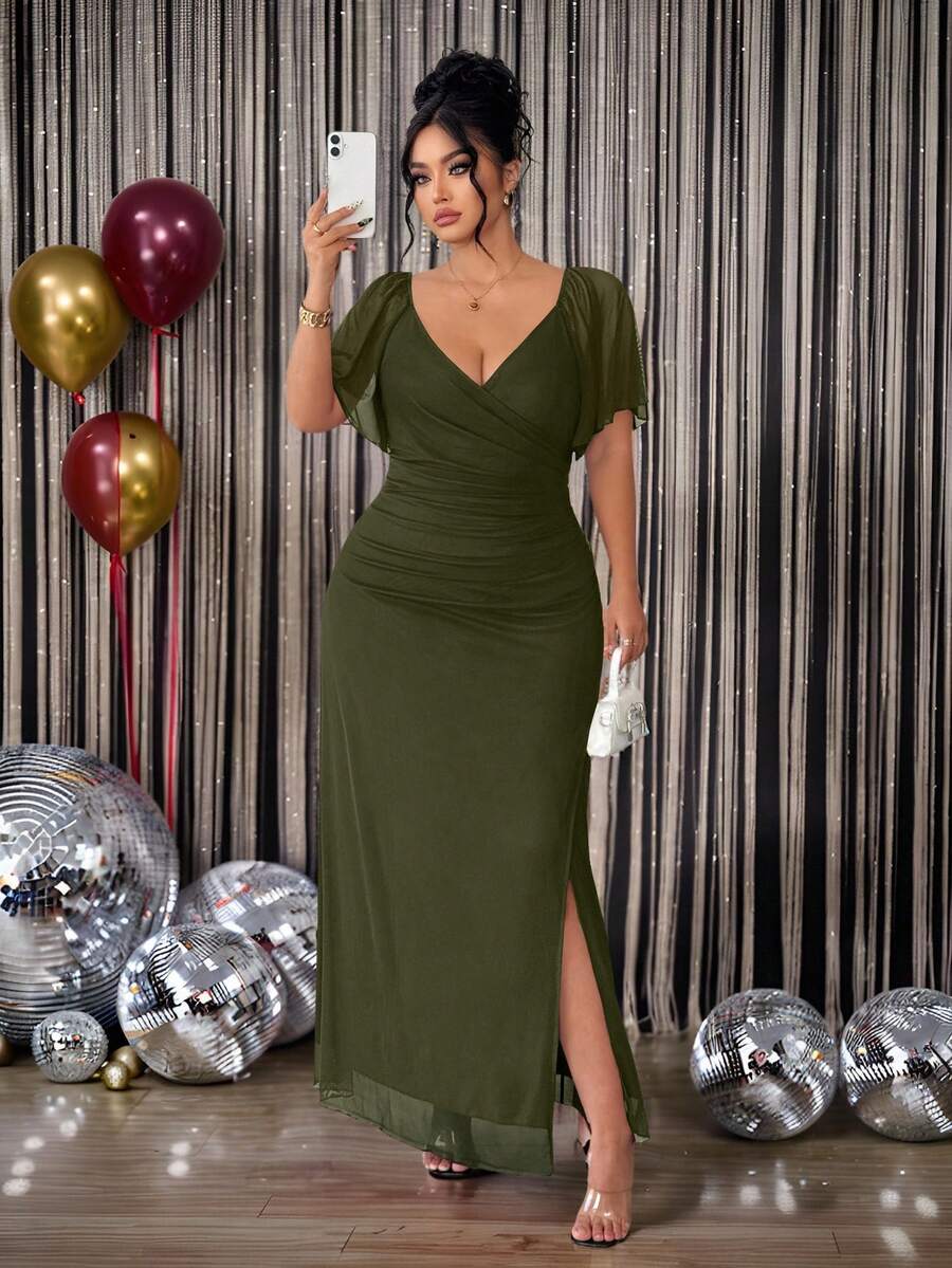 Elenzga Đầm suông dáng suông dáng suông cổ tim dáng ôm, màu trơn, thiết kế xẻ tà, dáng rộng, cỡ lớn dành cho nữ, phù hợp cho các buổi hẹn hò, công sở, tiệc chiêu đãi, tiệc tùng, trà chiều, ngày lễ, giáng sinh, halloween, mùa thu - xanh quân đội - Xem 1