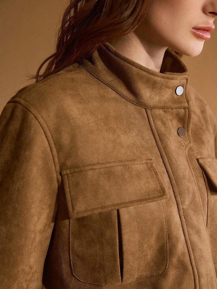 JAQUETA CURTA UTILITÁRIA DE CAMURÇA COM GOLA ALTA PARA MULHERES, ROUPA DE OUTONO/INVERNO