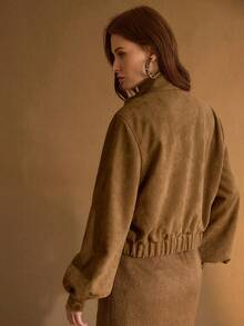 MOTF PREMIUM WOMEN'S AUTUMN/WINTER SUEDE STAND COLLAR UTILITY POCKET SHORT JACKET, REGULAR OUTERWEAR - Brown - View 4