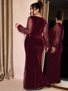 Cravure 加大码女式方领弹力紧身裤，黑色天鹅绒面料，饰以金属蕾丝和亮片，奢华派对必备，长袖，开衩下摆，及膝以上，适合秋冬季节，优雅派对风格，长款蕾丝连衣裙 - 酒紅色 - 查看 2