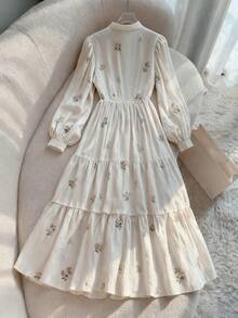 Franclia Women's Elegant Floral Print Waist Cinched Long Dress Cottagecore Dress Tiered Dress Wildflower Dress French Style Dress Tea Party Dress - Multicolor - View 2