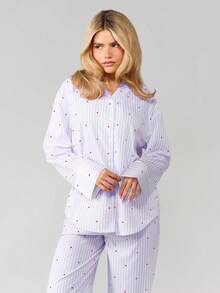 MISSGUIDED 睡衣套装，心形印花条纹长袖纽扣上衣搭配同款休闲裤，舒适睡衣 - 淡紫色 - 查看 6