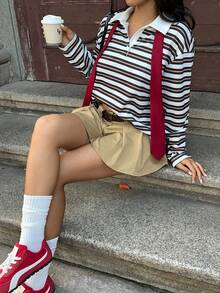 MainGRL Striped Knit Print Women Casual Versatile Long Sleeve Polo Shirt, Autumn Winter For Women - Multicolor - View 3