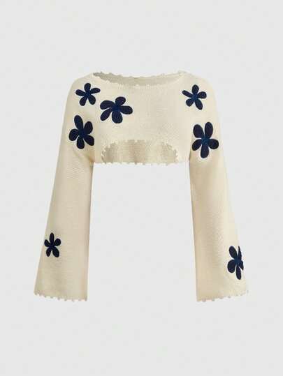 Fairycore Suéter holgado y corto con estampado floral, talla grande, primavera