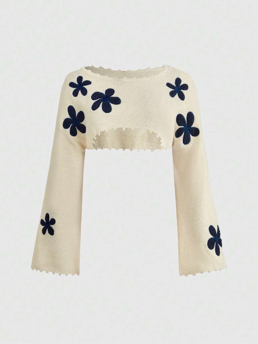 ROMWE Fairycore Plus Size Floral Loose Cropped Pullover Sweater, Spring - Apricot - View 1