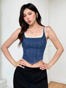 K-Vae Women's Dark Blue Ruffled Denim Top, Elegant Casual Lace Zipper Denim Top, Sexy Denim Vest - Medium Wash - View 5