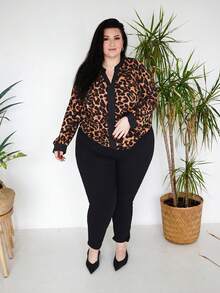 Truni Blusa elegante de manga larga con cuello en V y estampado de leopardo para mujer de talla grande - Multicolor - Ver 4