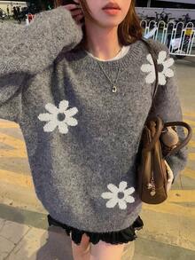 DAZY Áo len chui đầu cổ tròn dáng rộng in họa tiết hoa dành cho nữ - Xám - Xem 4