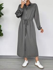 EMERY ROSE Casual Drawstring Long Zipper Waist Cinched Lightweight Jacket, Autumn/Winter - Grey - View 4